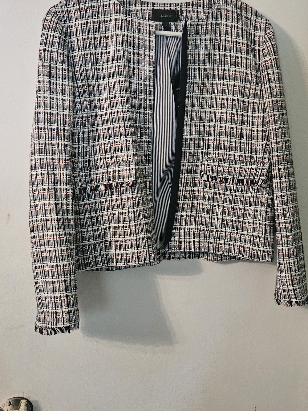J. Crew Cropped Tweed Jacket in Navy & White